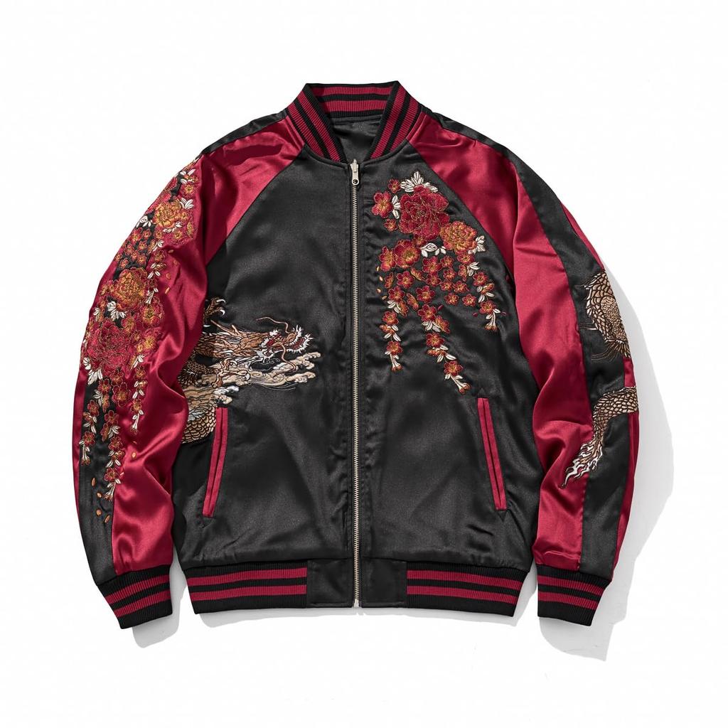 East Rain Sukajan Jacket with Double Dragon and Peony Japanese Yokosuka All FUN226 Pattern, Red, Style, Unisex, Outerwear, Fall/Winter, Seasons,