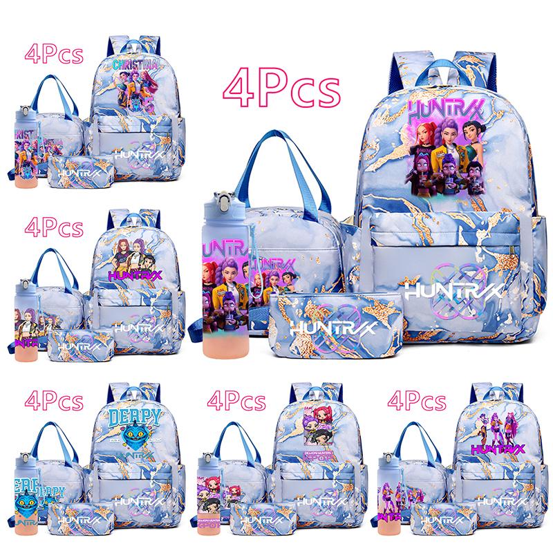 4Pcs/set K-Pop Demon Hunters Printed Backpack Handbag Pencil Case 750Ml Water Bottler for Teenager Boy Girl Large Capacity Waterproof Schoolbag