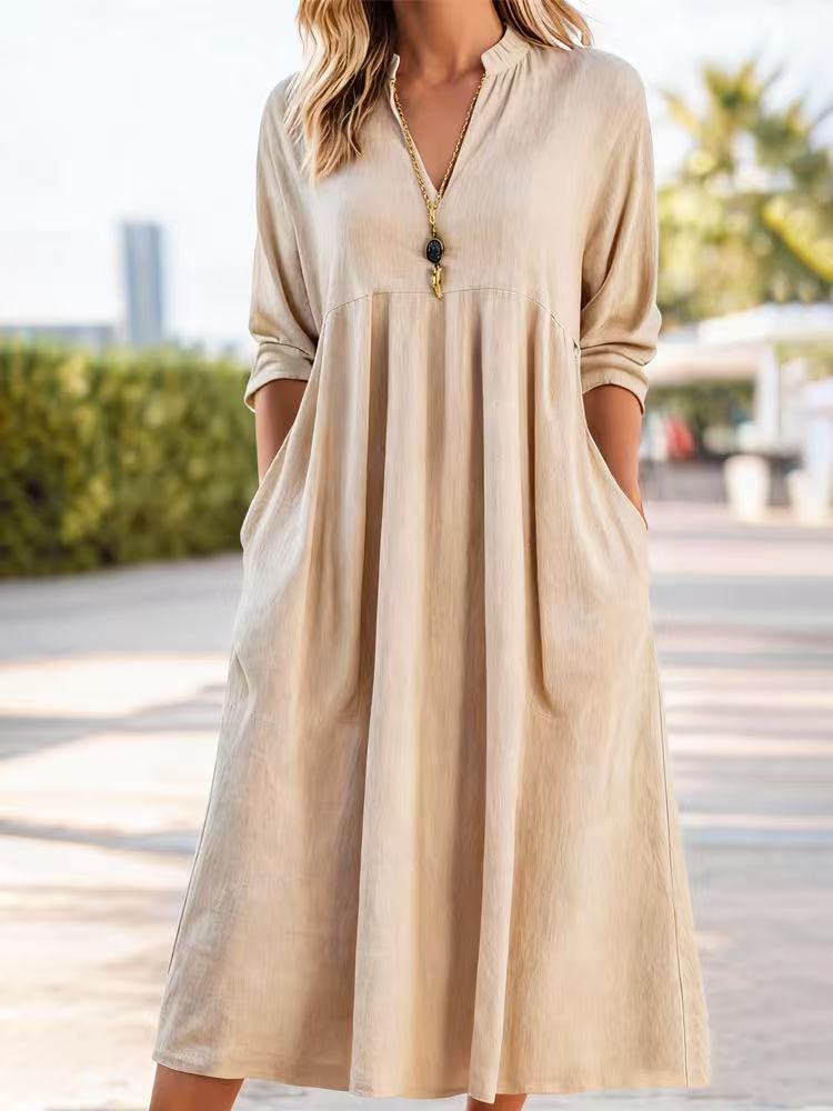 

Women s V-Neck Midi Dress with 3/4 Sleeves, Metal Button Front and Side Pockets, Available in 5 Colors S хаки