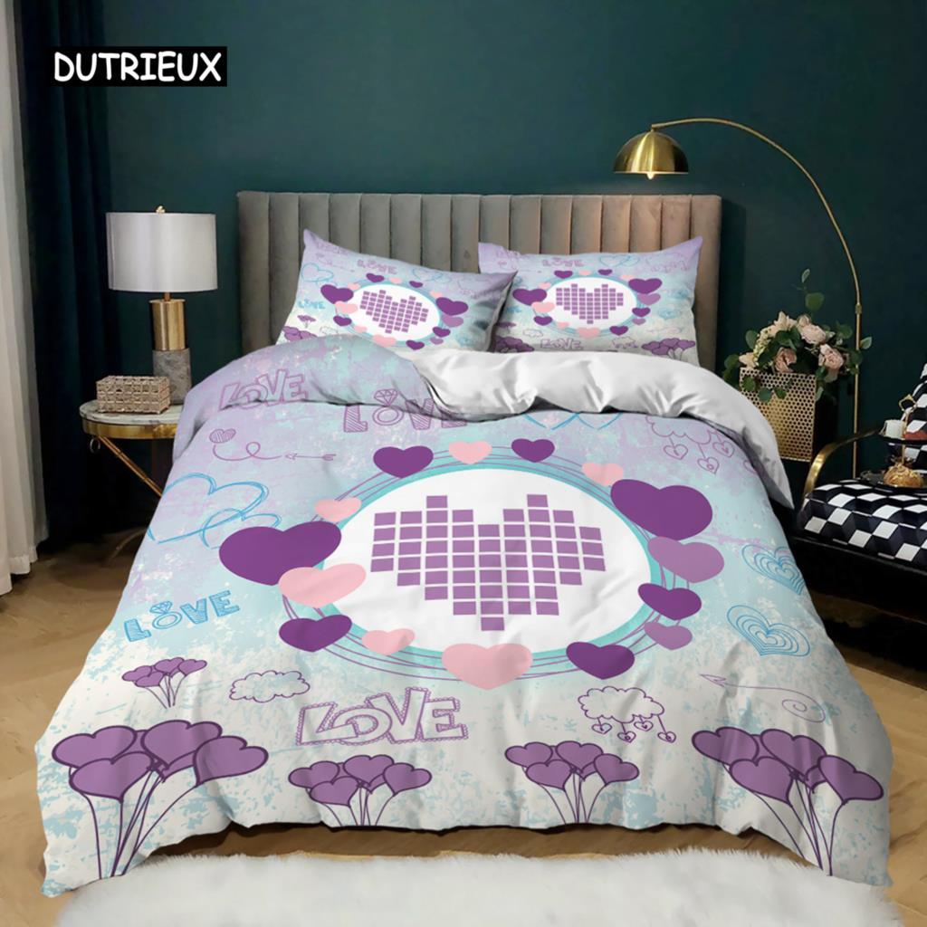 Love Heart Duvet Cover Set Pink Love Heart Bedding Set Valentine's Day Gift Girl Bedroom Microfiber Queen King Size Quilt Cover