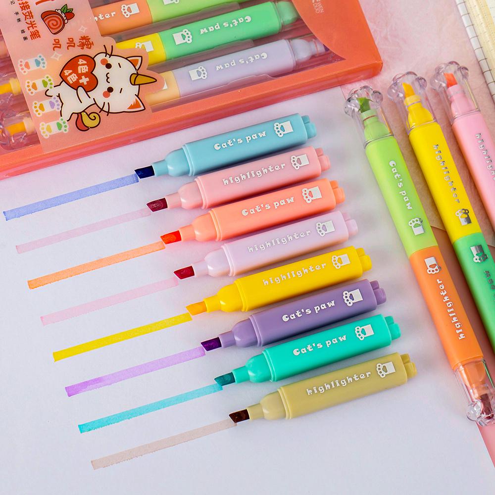 4pcs Cat Paw Design Highlighter Marker Pens Set Cartoon Kitty Dual-Tip Writing Brush for Drawing Painting School Supplies A7716