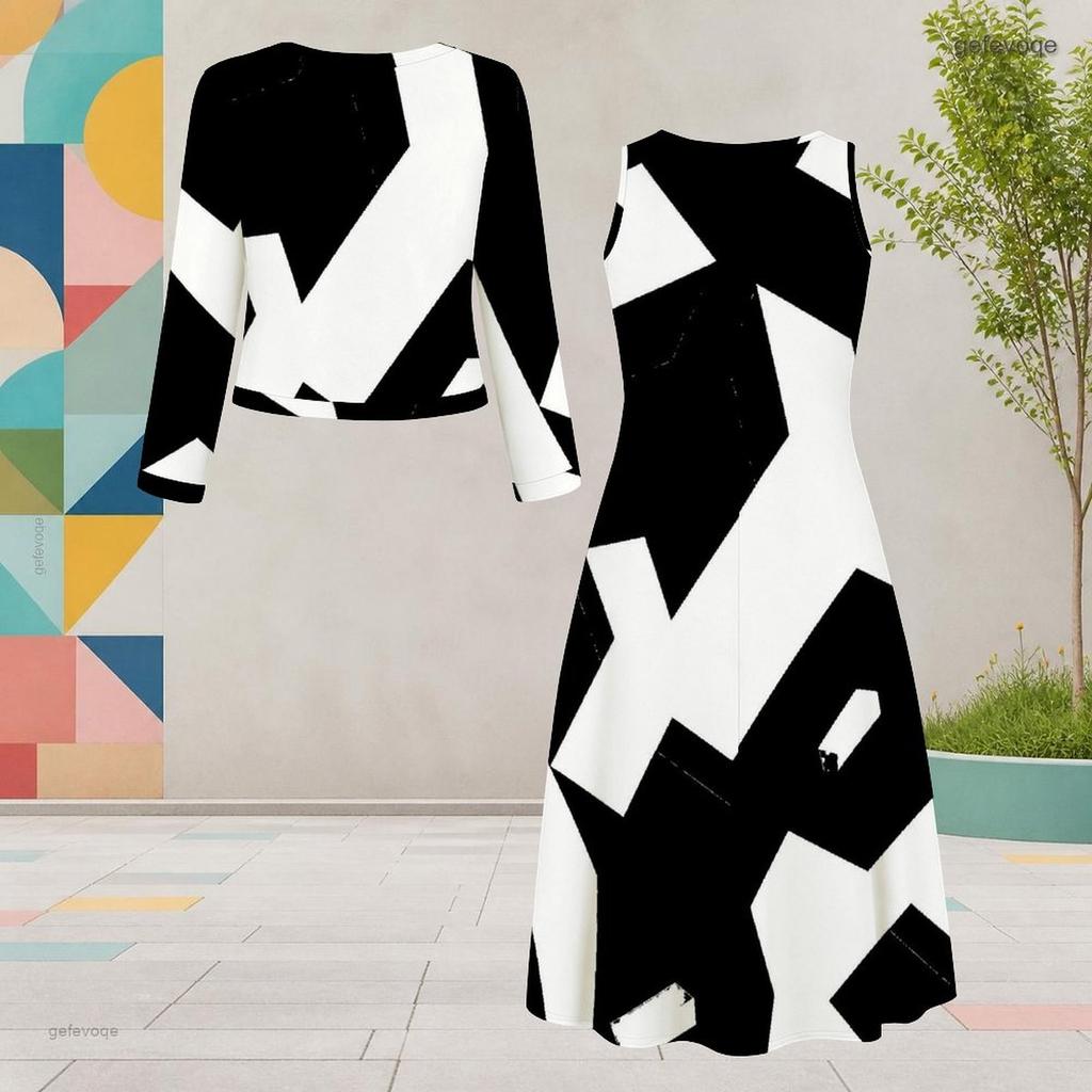 Women Plus Size Round Neck Long Sleeve Black White Printed Two Piece Dress Set