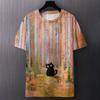 Summer Round Neck Artistic Cat and Floral Pattern 3D Print Top Fashionable Casual Short Sleeved Men's T-shirts
