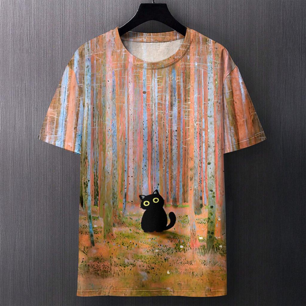 Summer Round Neck Artistic Cat and Floral Pattern 3D Print Top Fashionable Casual Short Sleeved Men's T-shirts
