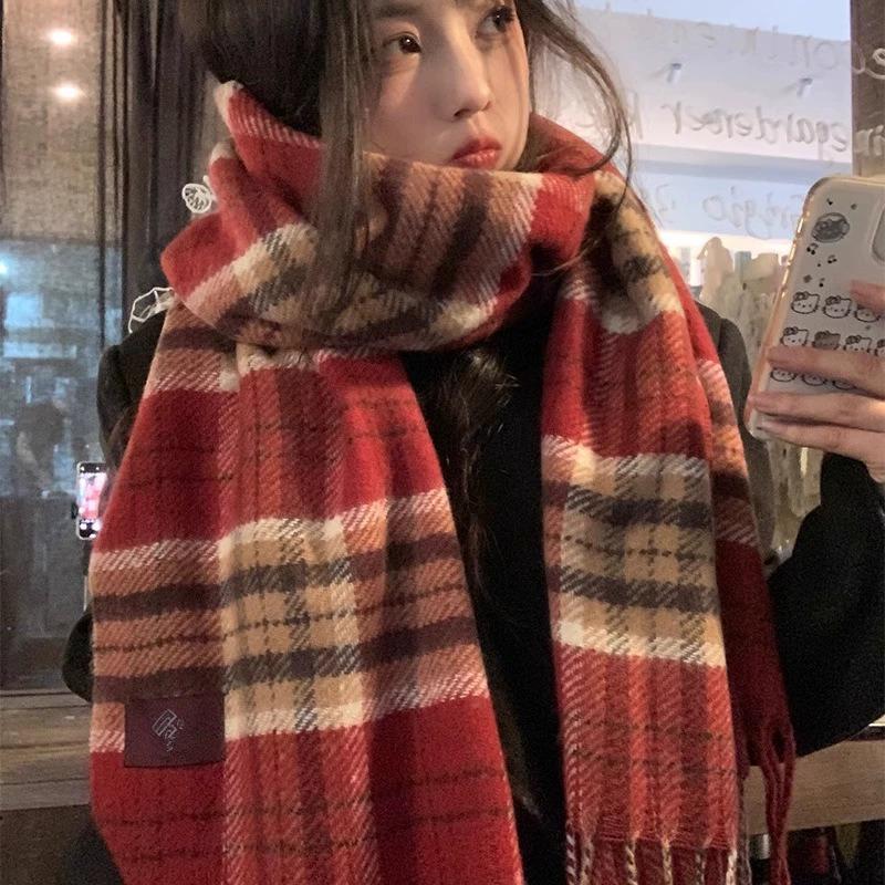 Scarf women's winter new plaid Christmas red student versatile warm thickened scarf shawl advanced sense