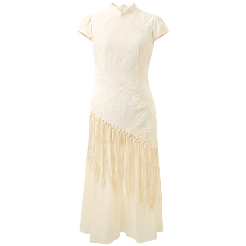Sancai New Chinese Style Tasseled Burnout A-Line Long Dress