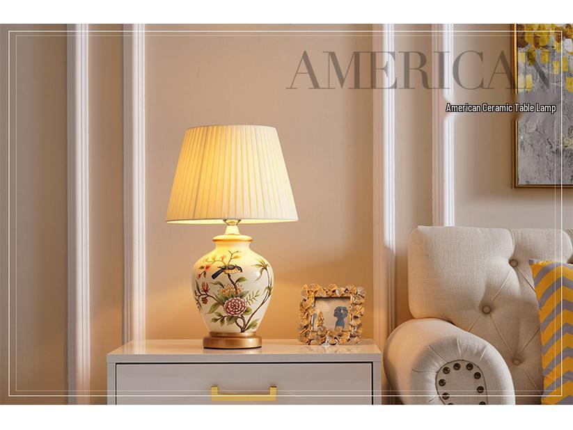 Retro American-Chinese Ceramic Table Lamp with Remote Control for Bedroom or Living Room