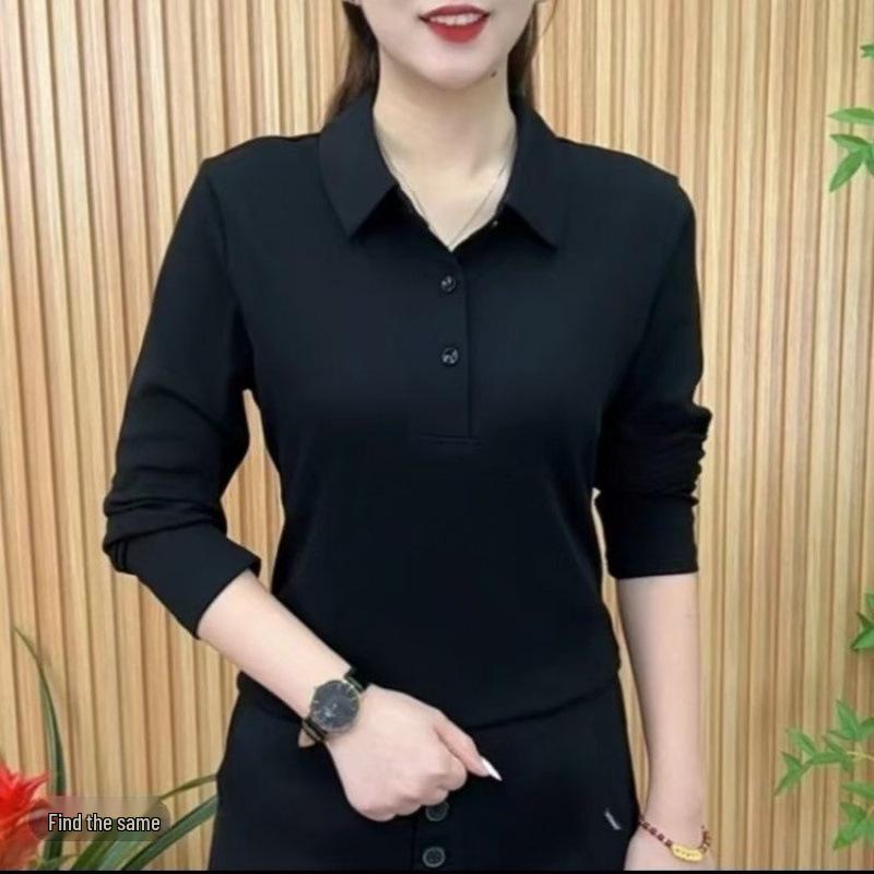 

2026 Elegant Lapel Long Sleeve T-Shirt - Solid Color, Slim Fit, Spring/Autumn Fashion L (85-110 cm) чорний