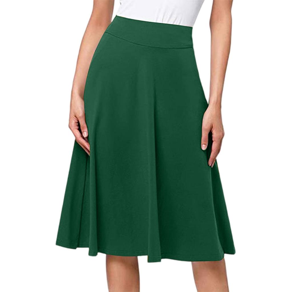 Women's High Waist Knee Length Elastic Knit A-Line Stretch Flared Casual Midi Skirt
