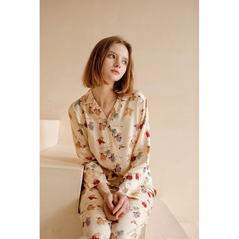 Damen Weihnachts-Satin-Pyjama-Set mit Kaninchen-Print - Kurzarm & Shorts