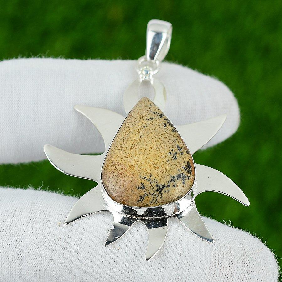 925 Sterling Silver Natural Picture Jasper Anniversary Wedding Bezel New Pendant