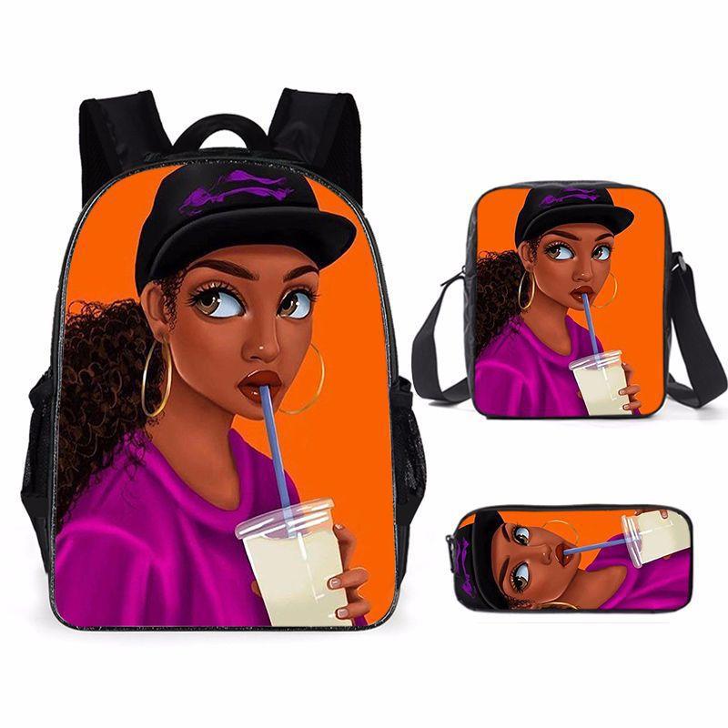 Cartoon African Girl Schoolbag, Primary And Secondary School Backpack, Backpack Three-Piece Set