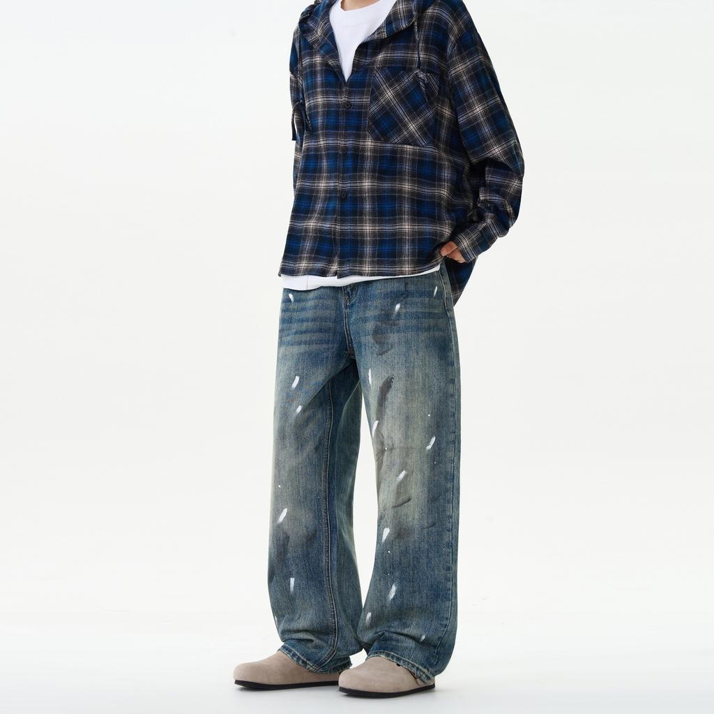 Street Hip-hop Ink Hand-painted Jeans Men's Loose Straight Wash Wide-leg Pants
