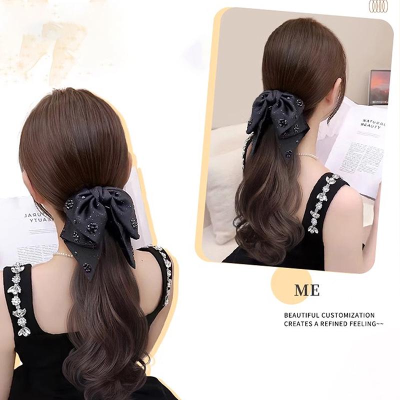 Synthetic Wigs Simulated Ribbon Bowknot Puffy Curly Grab Clip Ponytail Wig Women Headwear Extensions 40Cm