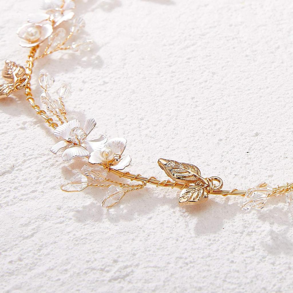 SWEETV Handmade Wedding Headband Flower-Leaf Bridal Headpieces for Wedding Hair Accessories Brides Hair Pieces Gold