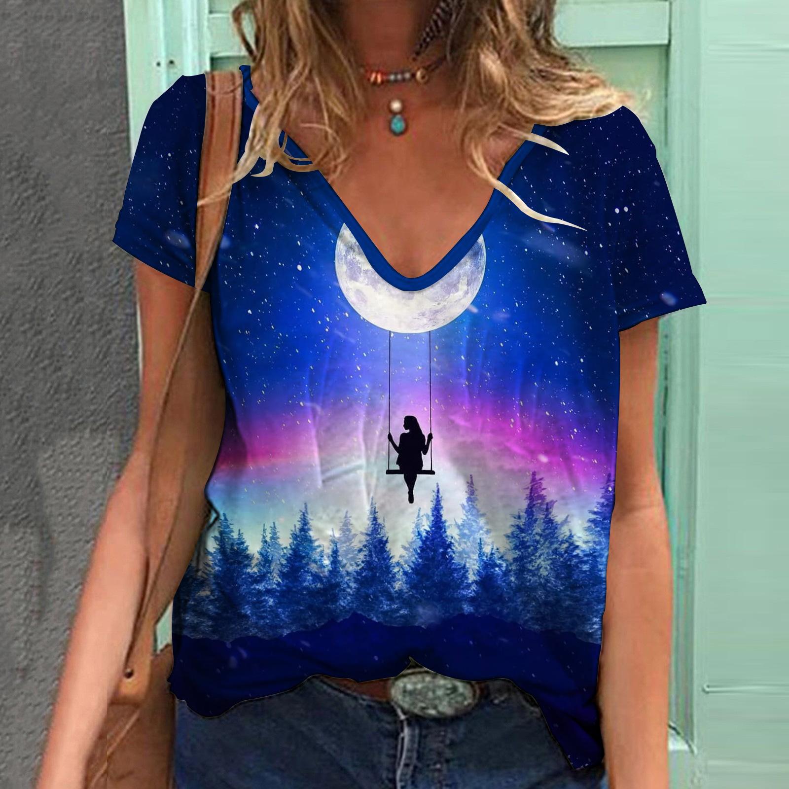 Летняя модная футболка женская контрастная строчка лунный свет цифровой 3D принт топы — фото 14