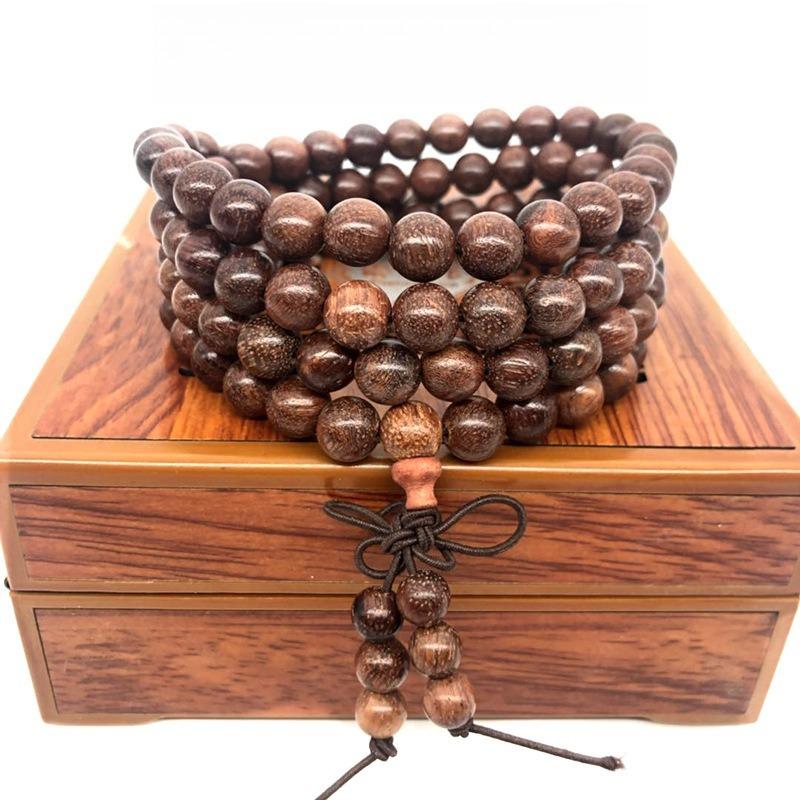 108 Buddha Beads Bracelet in Black Walnut, Red Sandalwood, Black Rosewood and Black Orchid Wood, Chinese Knot Style.