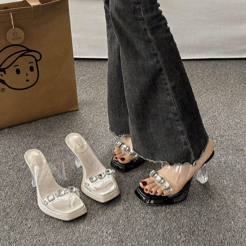 High-heeled sandals rhinestone waterproof table female thick heel transparent summer 2025 explosion fairy wind crystal cool slippers outer wear