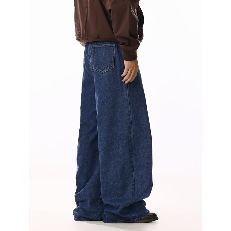 American Retro Pleated Design Dark Blue Jeans for Men and Women, Loose and Versatile, High-End Casual Straight-Leg Wide-Leg Pants