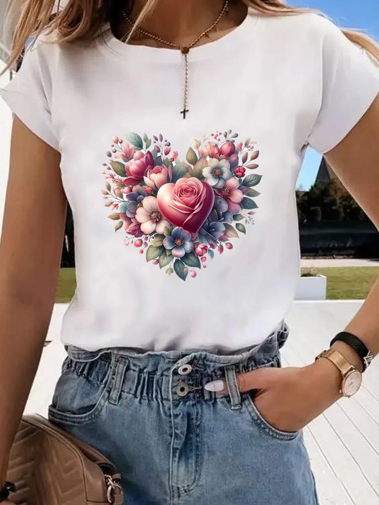 (Asian Size)  Sweet Flower Trend 90s Graphic Tee Fashion T Clothing Women's Top  Print Female Casual  Short Sleeve T-shirts