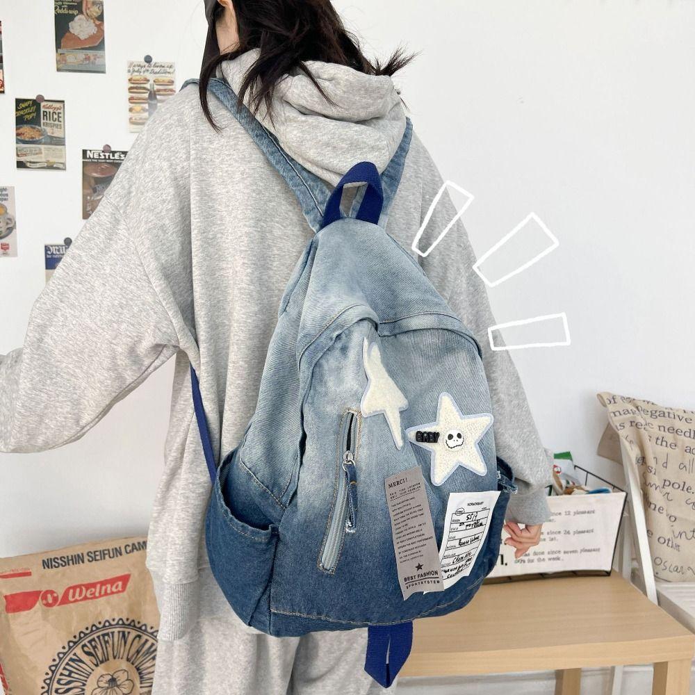 Small Pack Y2K  Shoulder Bag Gradient Casual Backpack Simple Denim Star Backpack  Travel