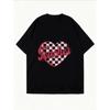 Oversized T-Shirt with Pink Checkered Heart & "Teacher" Print – Vintage Teacher-Themed Sweet-Style Top