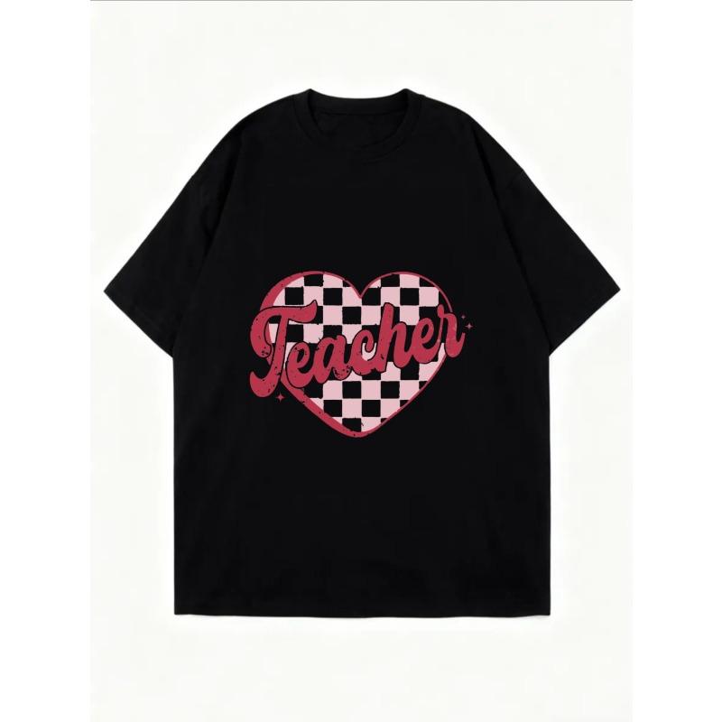 Oversized T-Shirt with Pink Checkered Heart & "Teacher" Print – Vintage Teacher-Themed Sweet-Style Top