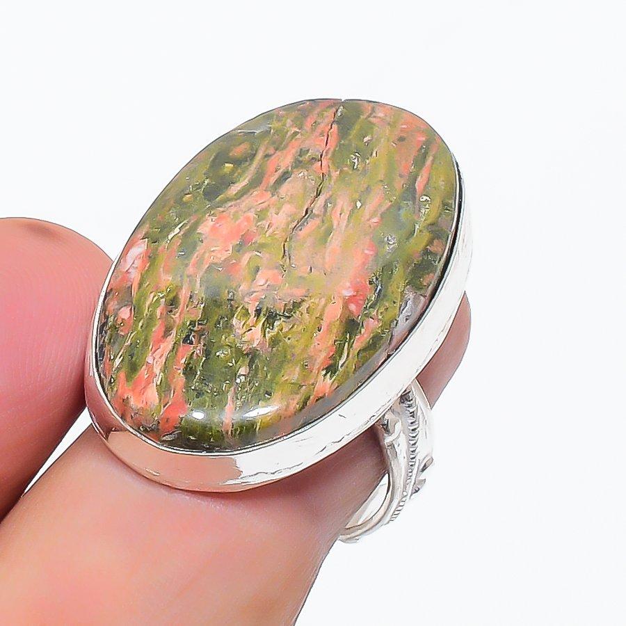 Natural Unakite Gemstone Handmade 925 Sterling Silver Jewelry Ring Size 7 h4H71