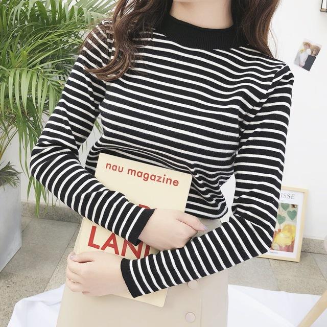 Women Striped Mock Neck Sweaters Slim Elastic Long Sleeve Casual Pullovers Knitted Warm Tops For Women 2023 Autumn Winter