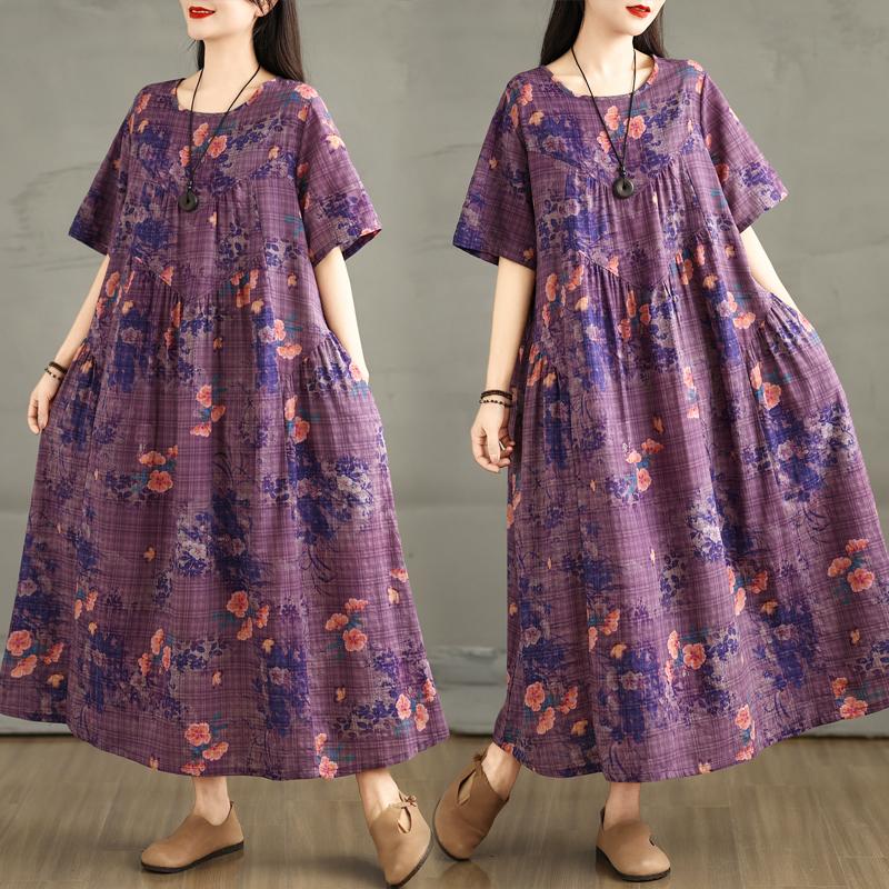 DIMANAF 2025 Summer Women Plus Size Dress New Floral Dress Linen Basic Casual Elegant Loose Vintage Dress Maxi