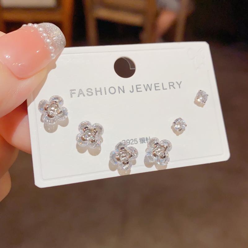 Japanese & Korean Style Versatile Zircon Flower Stud Earrings, s925 Silver, Exquisite Light Luxury