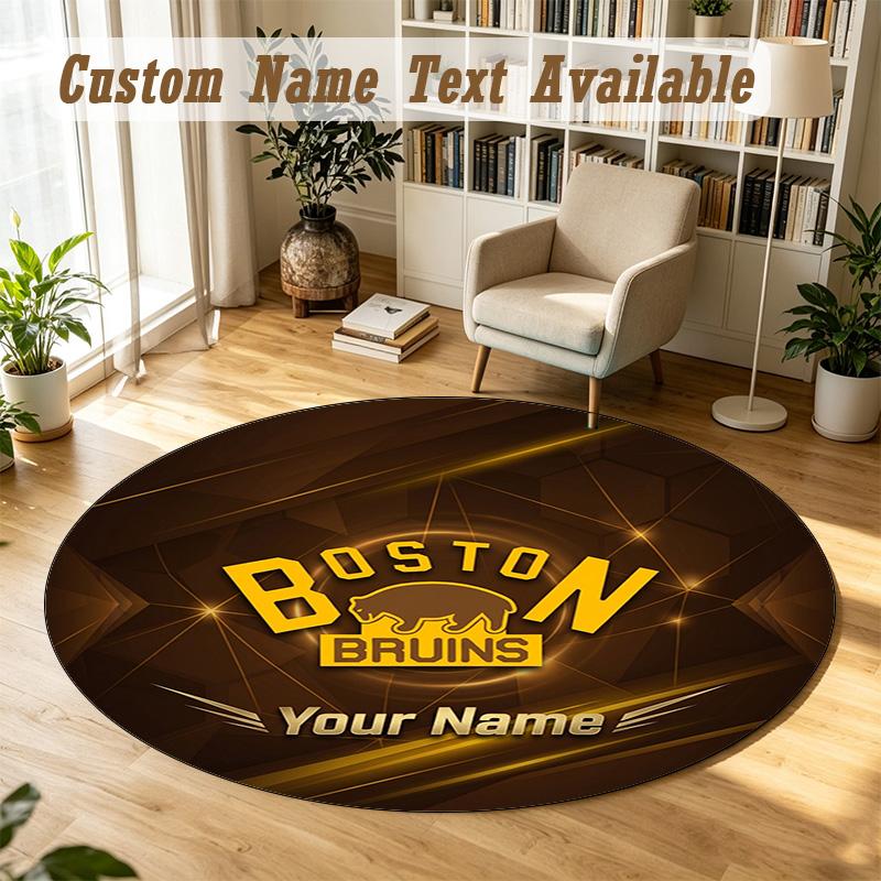 Round Rug Custom NameBoston Bruins Pattern Non Slip Carpet Home Floor Decor