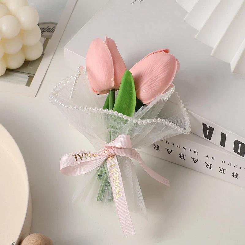 1PC Creative Room Decor Pearl Mesh Fake Flower Bouquet Mini Tulip PU Mini Artificial Flower Bouquet Handicraft Gift Gift Decor