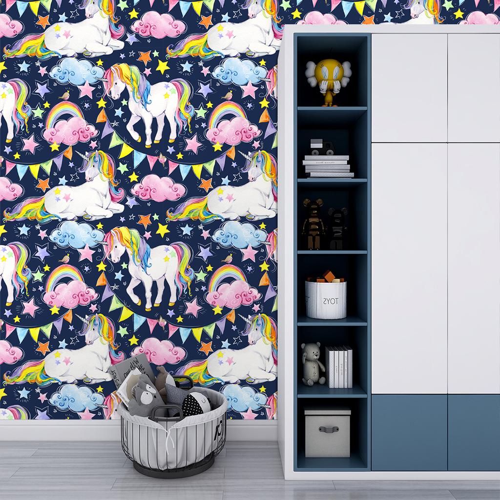 Cartoon Unicorn Rainbow Cloud Peel And Stick Wallpapers Self Adhesive Boys Kids Bedroom Decor Mural Pink/Blue