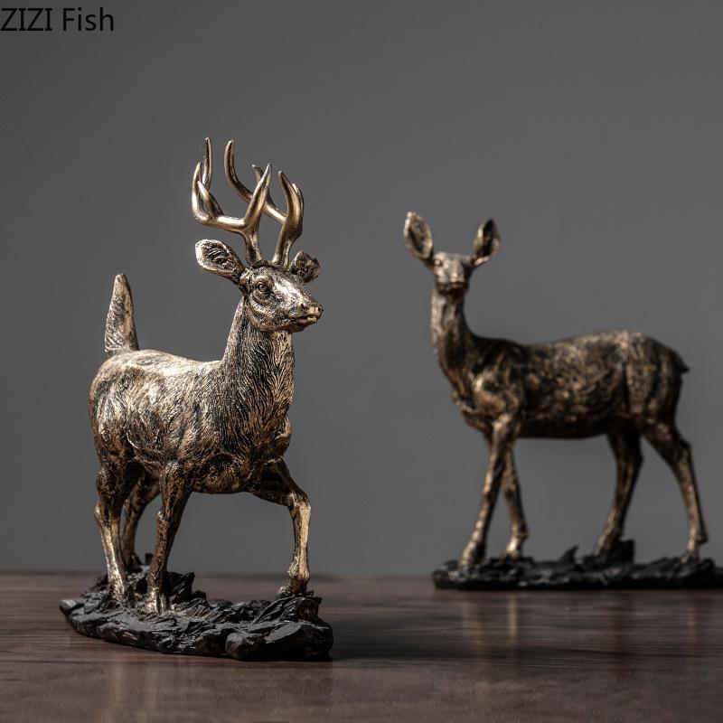 Retro Golden Deer Statue Desk Decoration Creative Crafts Deer Ornaments Artwork Animal Resin Sculpture Room Aesthetic Decor