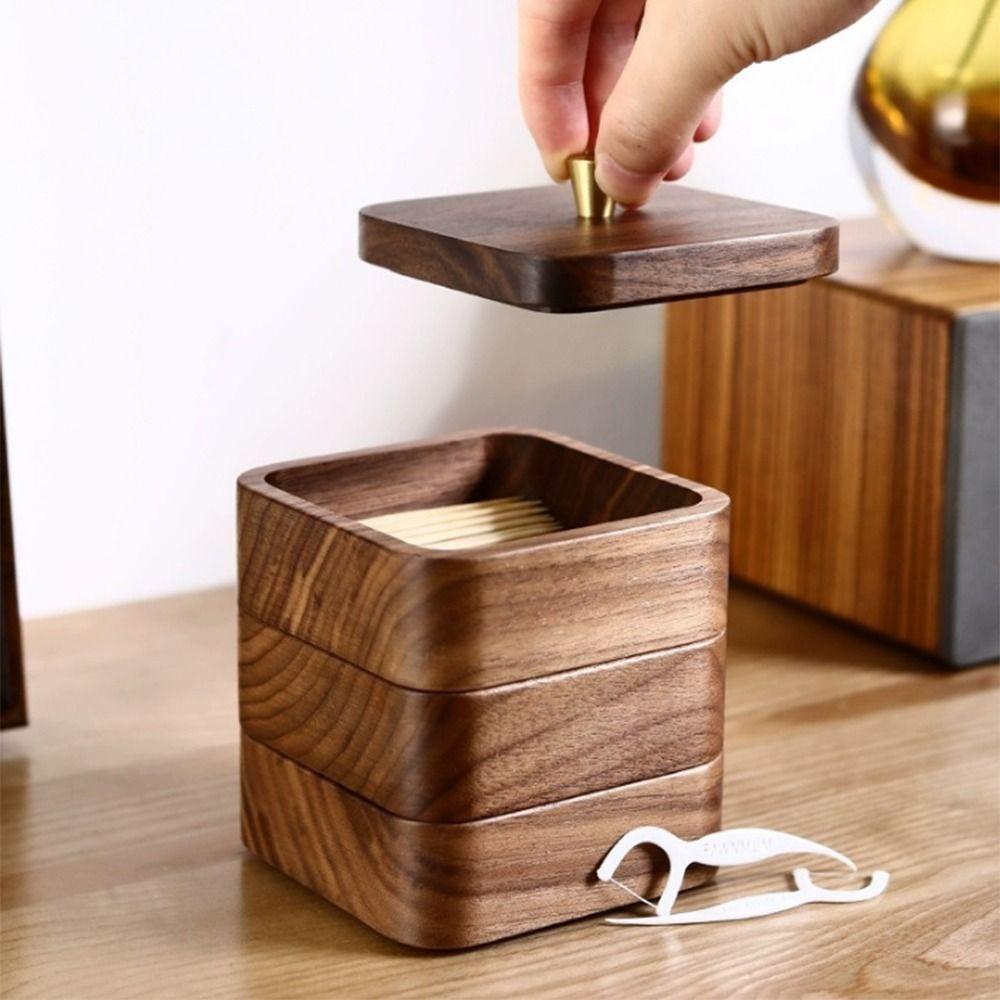 Storage Box Portable Desktop Toothpick Box with Cover Walnut Wood Cotton Swab Jar Reusable Vintage Dental Floss Box Home
