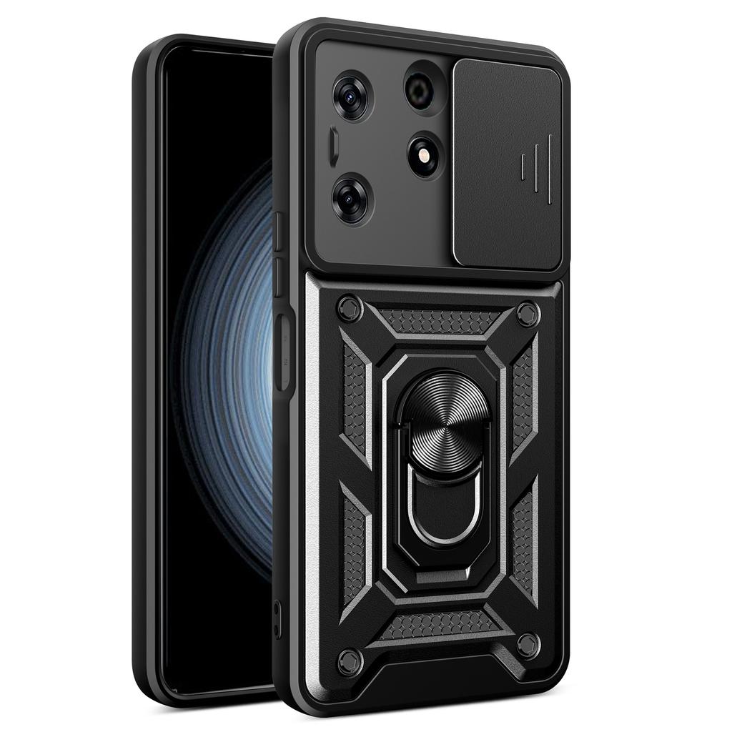 For TECNO Spark 10 Pro PC+TPU Anti-Scratch Phone Case Slide Lens Protection Kickstand Cover