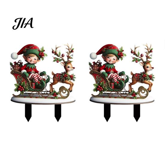 Christmas Garden Display Elf Stake, Reindeer Sleigh Acrylic Yard Art Decorative Flowerbed Stakes Waterproof Xmas Outdoor Ornament for Holiday