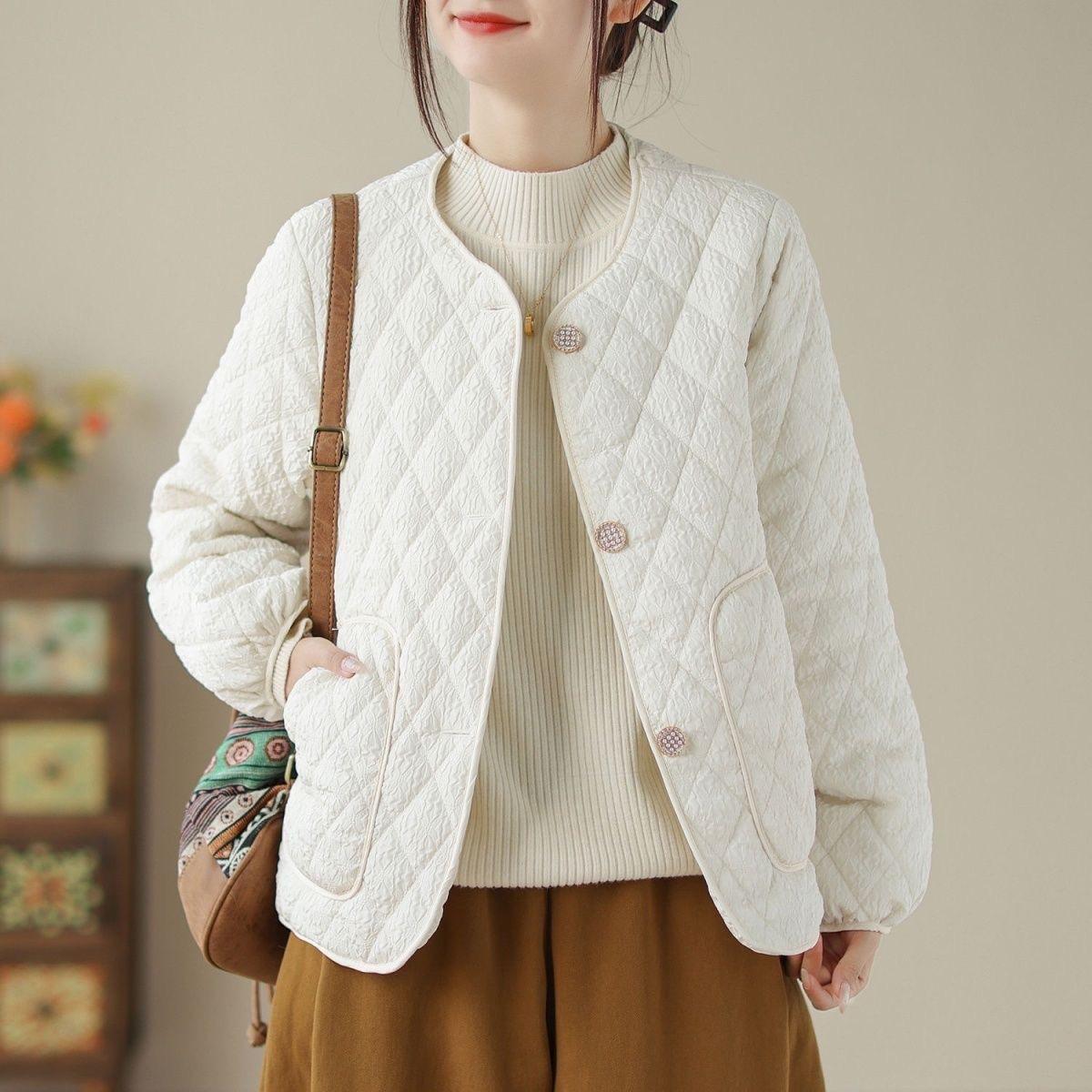 

Повседневное хлопковое пальто с подкладкой, женские винтажные тонкие стеганые женские куртки с круглым вырезом и длинными рукавами на пуговицах, весна 2025, модные женские парки, пальто 2XL белый