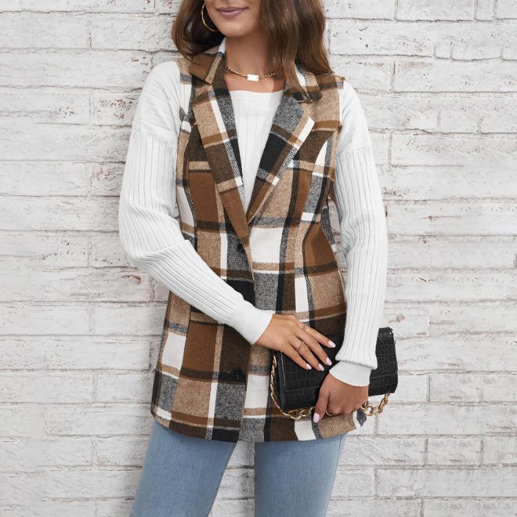 Women Checked Vest Sleeveless Single Breasted Cardigan Turn Down Collar Sizes S-XL Spring Autumn