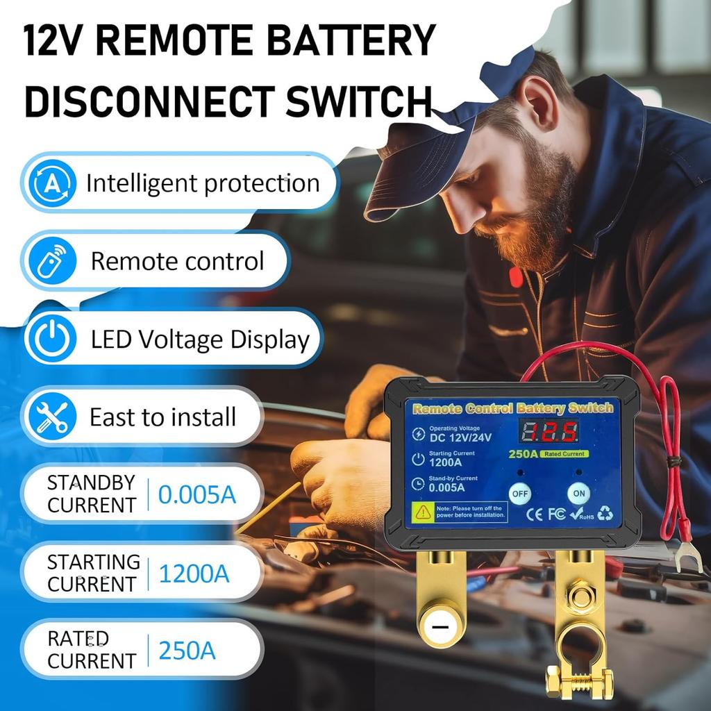 Remote Battery Disconnect Switch 12V, 240A, Upgrade Smart Voltage Car Kill Switch Anti-Theft, Prevent Battery Drain, For Car, Truck, RV