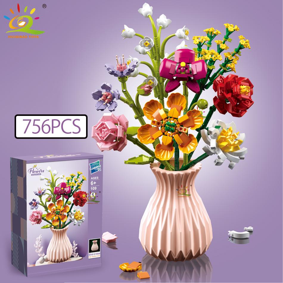 Non-Toxic Moc Flower Model Building Blocks 3D Bouquet Plants Sunflower Rose Bricks Kits Children Diy Educational Toys Home Decor