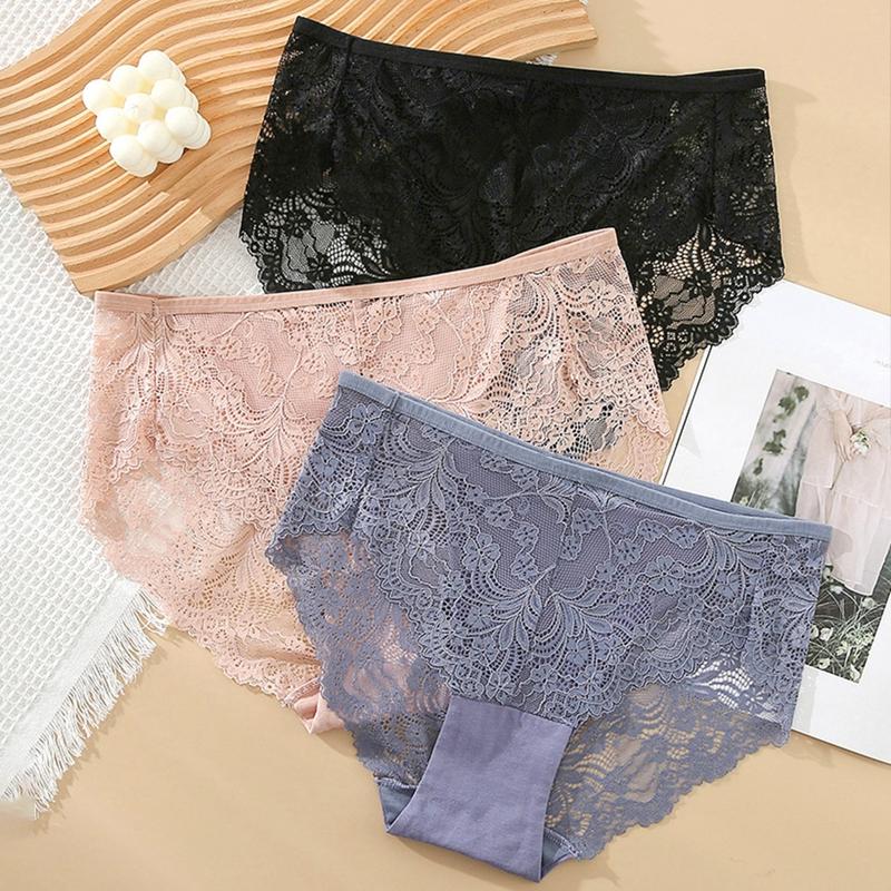 Women's Large Size High Waist Mesh Lace Briefs Breathable Panties