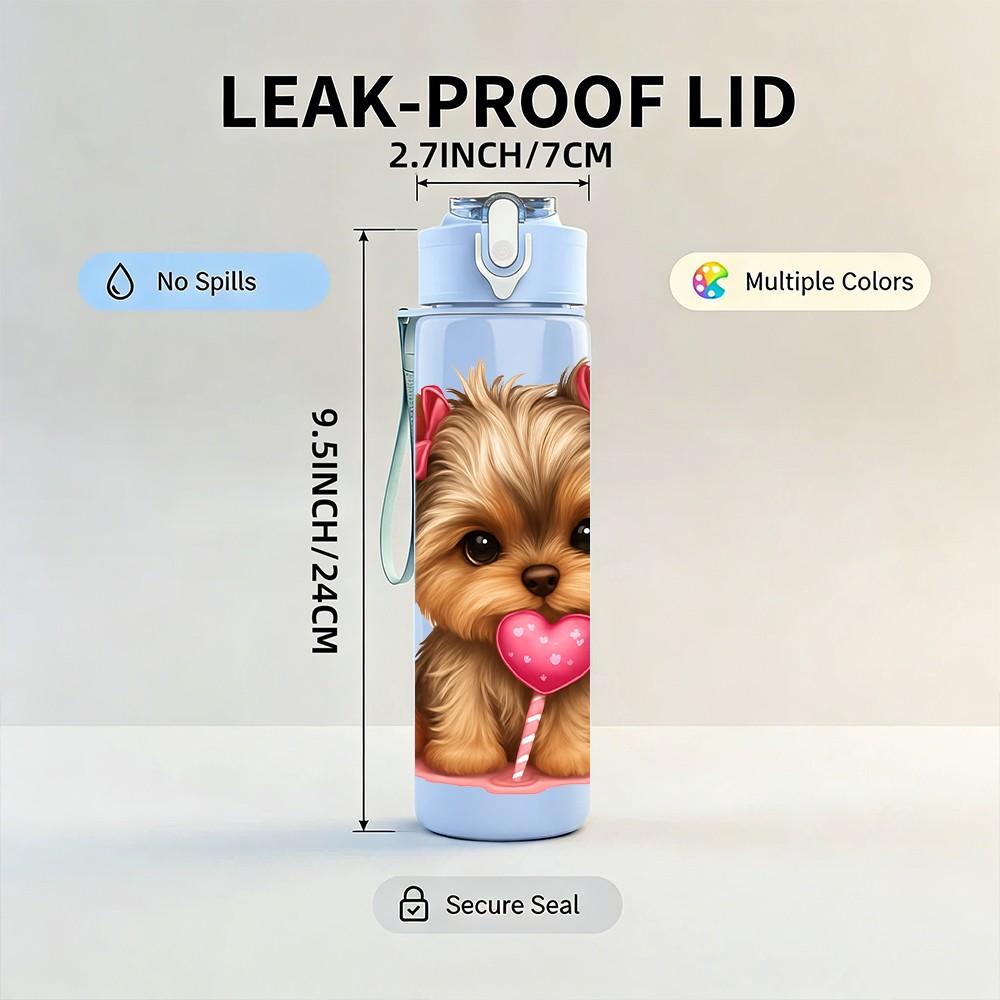 1PC Yorkshire Dog Holding Heart Print 750ml Color Plastic Sports Water Bottle Leakproof Flip Straw Lid Suitable for Sports Office Home Use
