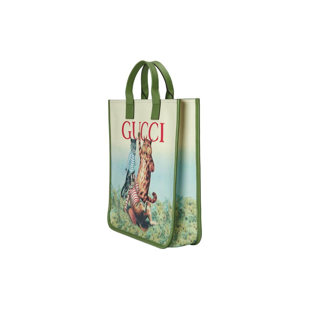 Gucci Cat Print Canvas Top Handle Tote Bag With Green Leather Trim For Unisex Daily Use