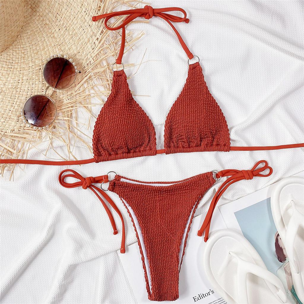 2 Colors Wrinkled Halter Strappy Wrap Around Bikini Set Female Swimsuit Women Swimwear Two-pieces Bather Bathing Suit
