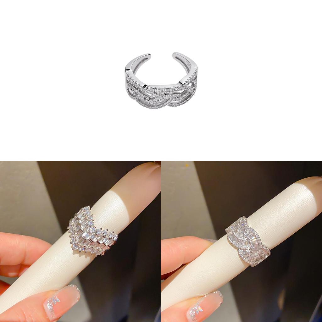 Silver Adjustable Zirconia Ring With Sparkling Line Design For Women