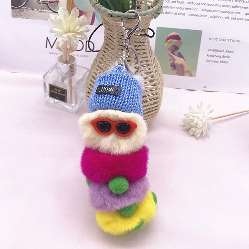 Rex Rabbit Colorful Caterpillar Plush Bag Pendant Keychain Creative Cute Female Mink Jewelry Gift
