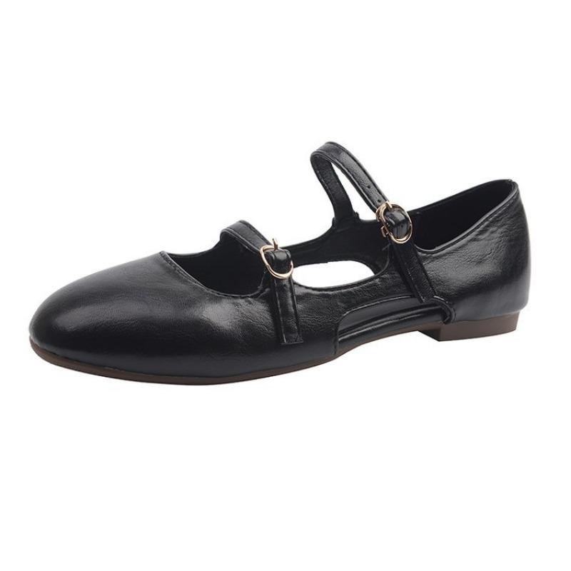 Flat-bottomed double-buckle Mary Jane shoes women's autumn new round-headed grandma shoes student solid-color casual shoes