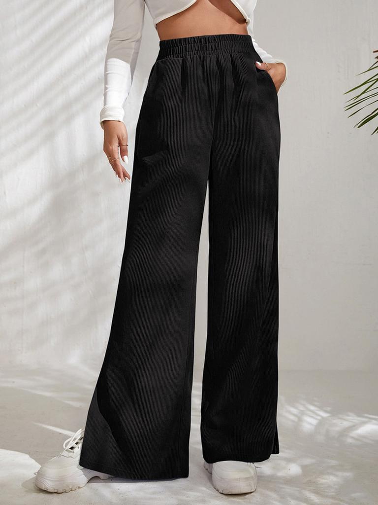 Fall Winter New Women's High Waist Casual Pants Solid Velvet Padded Patchwork Pleated Hem Long Pants Women